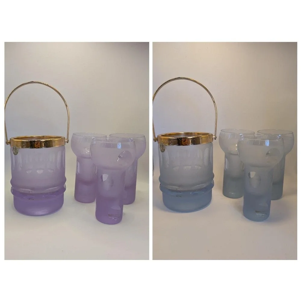 Vintage‎ Neodymium Alexandrite Glass Ice Bucket and 3 Tumbler Set Color Changing